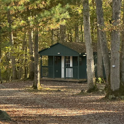 Green cabin at The Woods