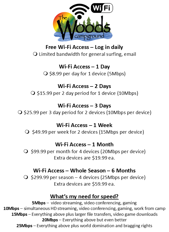 Wi-Fi Rate Card Woods Wi-Fi rate card
